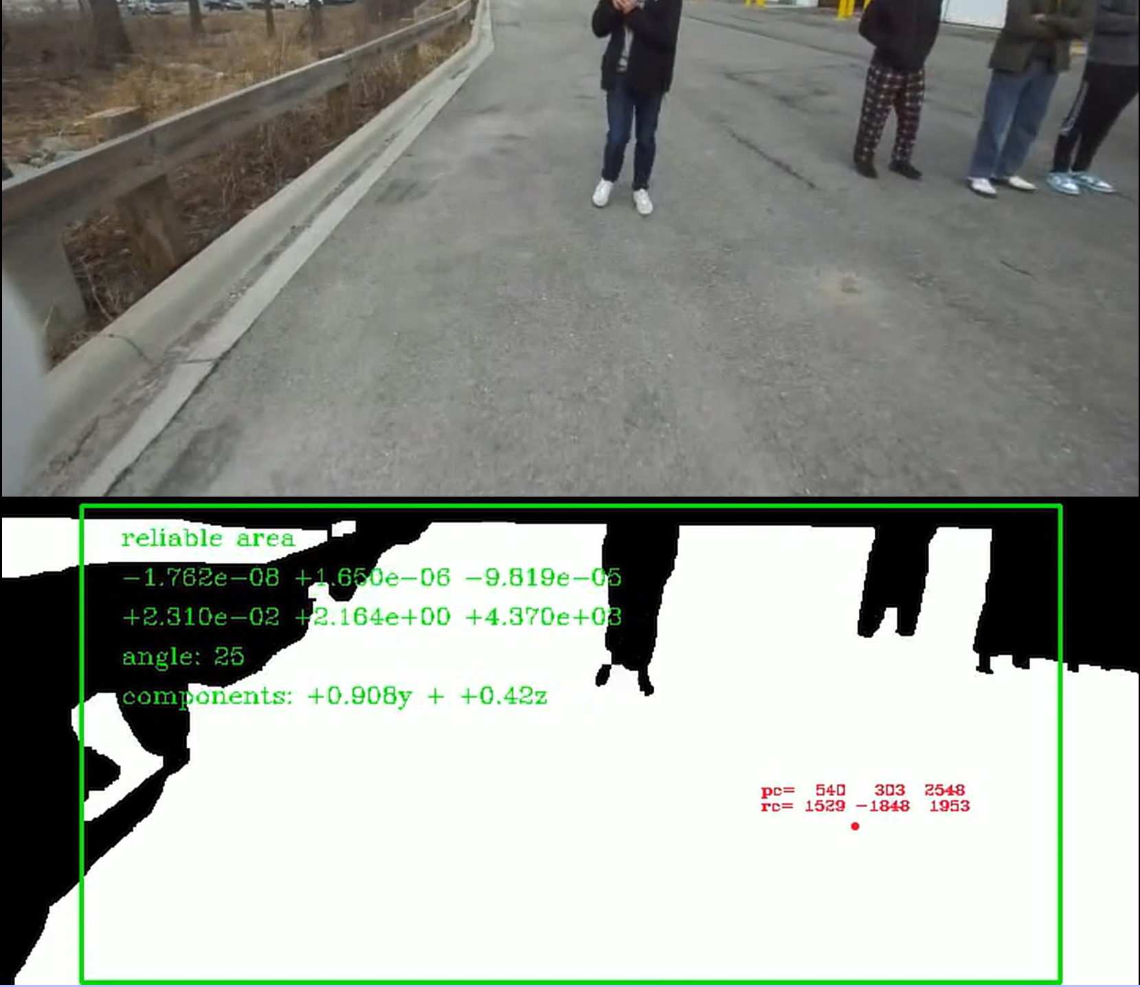 Camera footage and generated driveable area mask (white)